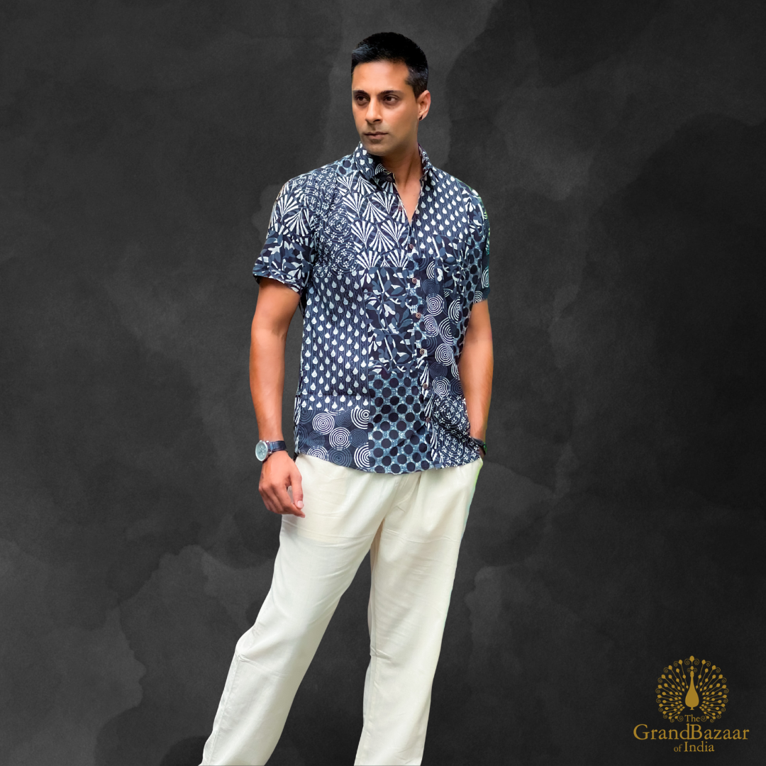 Indigo Mosaic Artisan Cotton Shirt – Hand-Block Inspired Print (MSHIRT-HALF-33-FEB26)