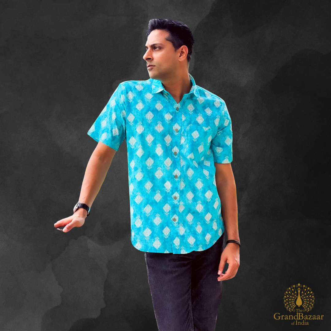 Men’s Cotton Printed Short Sleeve Shirt – Turquoise (MSHIRT-HALF-40-JL25