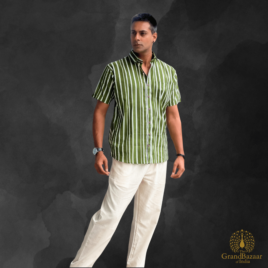 Olive & Slate Vertical Stripe Cotton Shirt – Breathable Summer Fit (MSHIRT-HALF-34-FEB26)