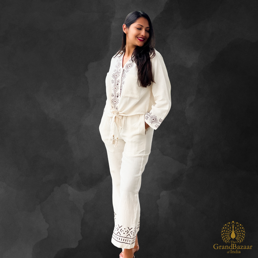 Women’s Cotton Embroidered Co-Ord Set – Off White (CST-28-JL25)