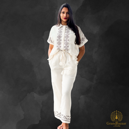 Elegant Cotton Embroidered Co-Ord Set – White (CST-27-JL25)