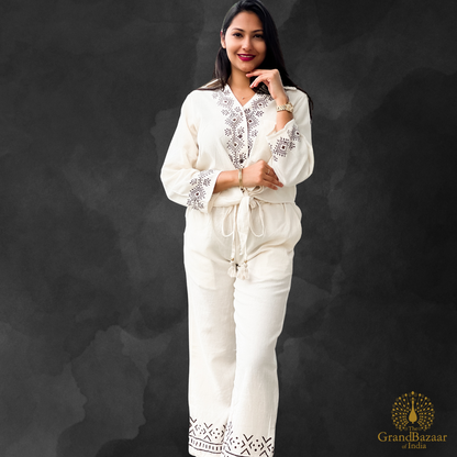 Women’s Cotton Embroidered Co-Ord Set – Off White (CST-28-JL25)