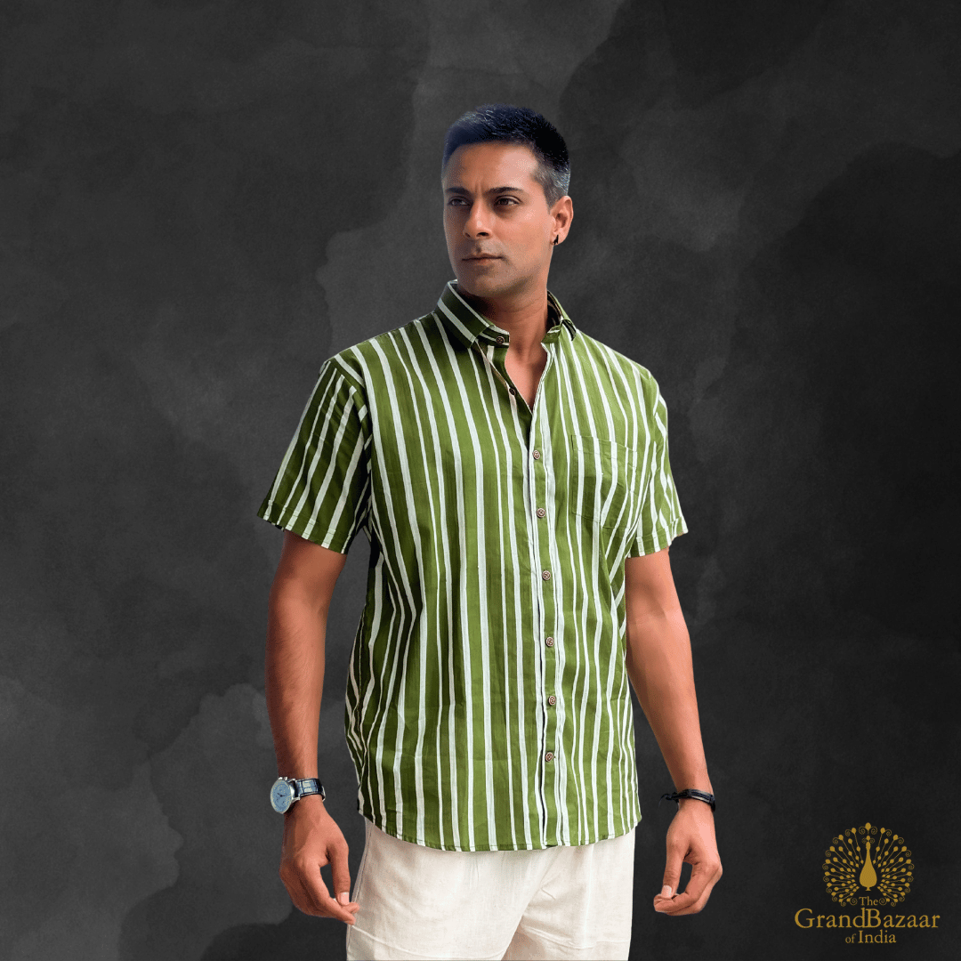 Olive & Slate Vertical Stripe Cotton Shirt – Breathable Summer Fit (MSHIRT-HALF-34-FEB26)