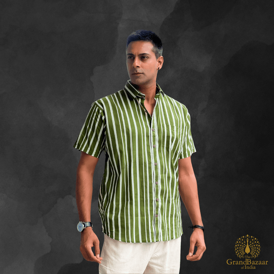 Olive & Slate Vertical Stripe Cotton Shirt – Breathable Summer Fit (MSHIRT-HALF-34-FEB26)