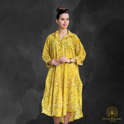 Mustard Yellow & White Swirl Print Cotton Shirt Dress – Midi Length (COTTON-DRESS-04-FEB26)