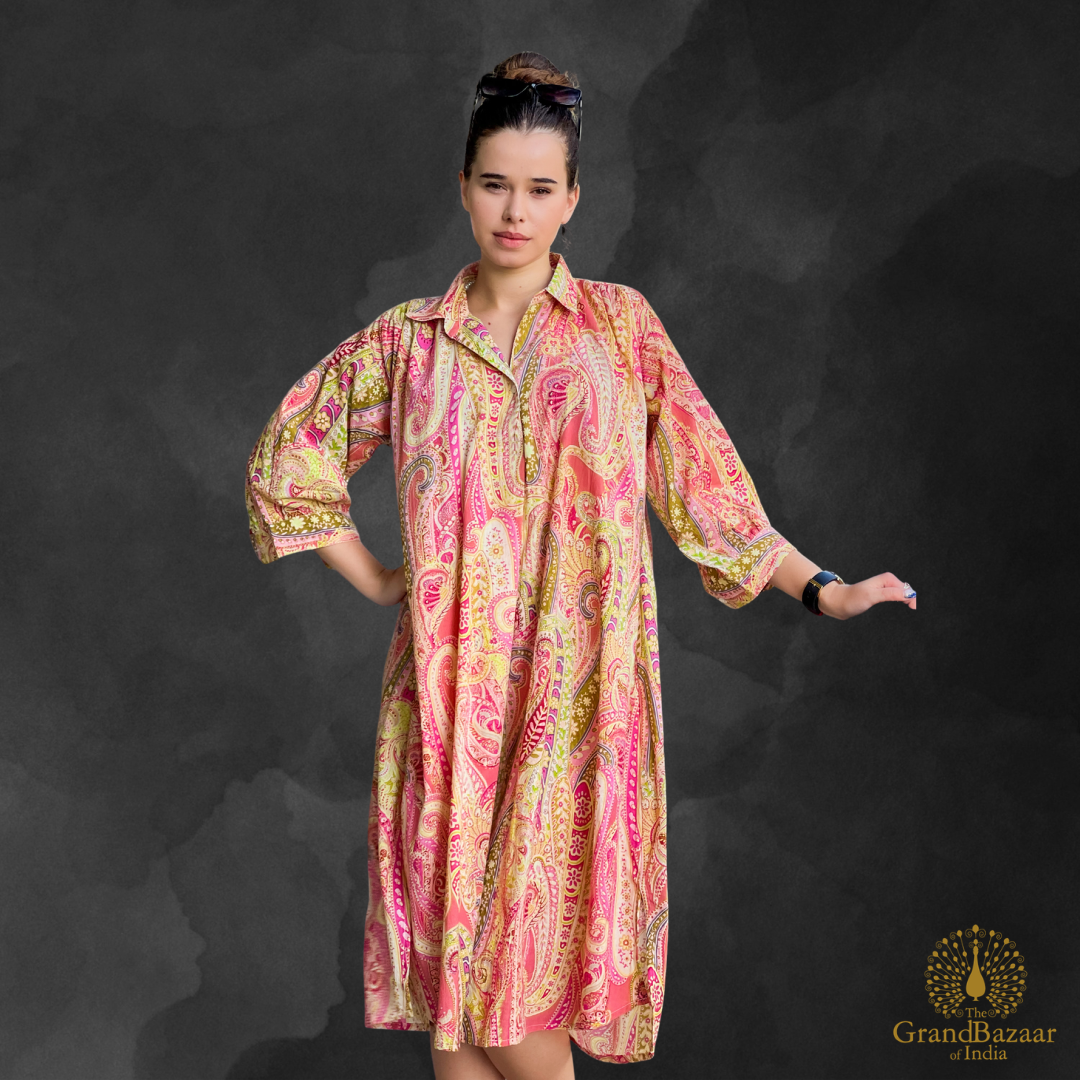 Pink Multi-Color Paisley Print Cotton Shirt Dress (COTTON-DRESS-05-FEB26)