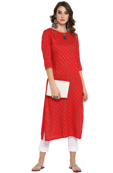 Red Kurti with White Pants
