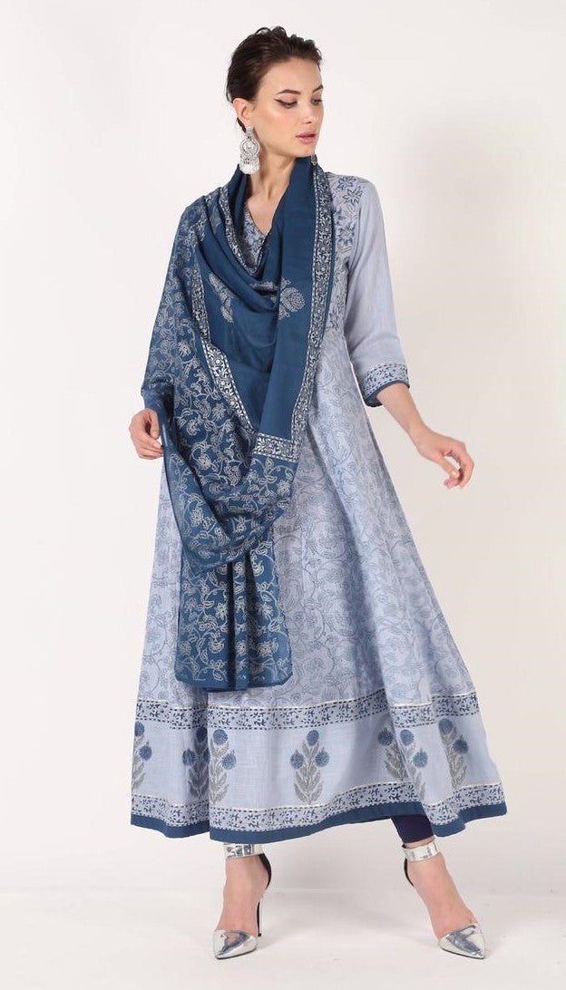 Grey and Blue Anarkali Kurti dress with dupatta