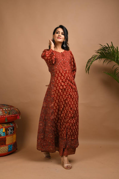 Terracotta Kurti with mirror work and palazzo