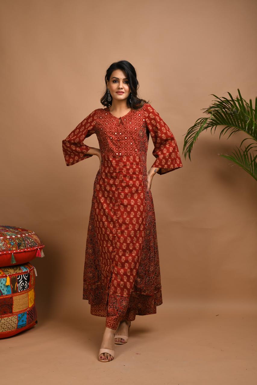 Terracotta Kurti with mirror work and palazzo